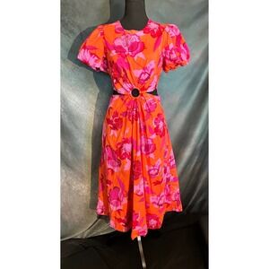 Scoop Floral Print Midi‎ Dress Cutout Puff Sleeve Orange Pink Party Cocktail